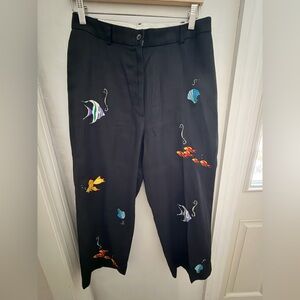 Relaxed and cropped linen pants with fish embroidered. Size 10. Black linen